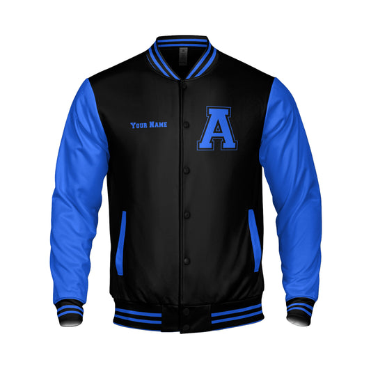 blue and black varsity jacket