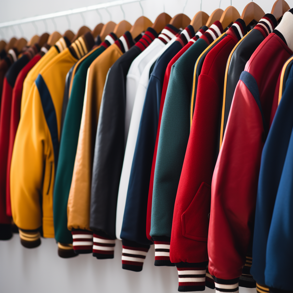 Factory varsity jackets on coat hangers