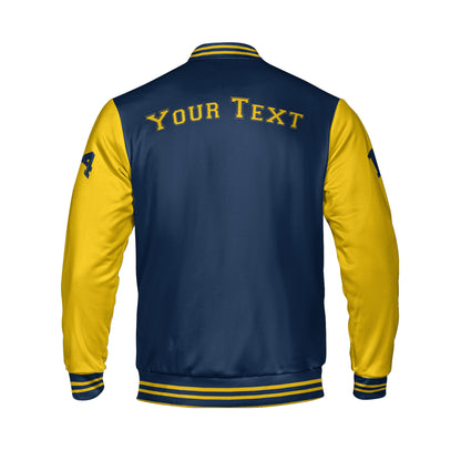 blue and yellow bomber jacket