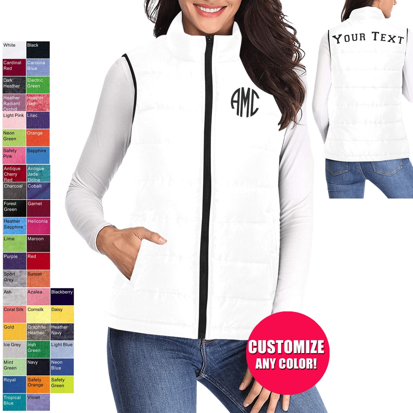 Custom Monogram Padded Vest Jacket - Available In All Colors