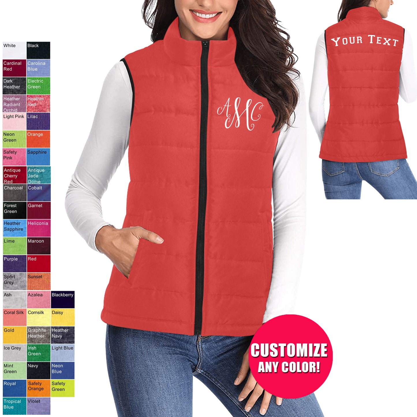 Custom Monogram Padded Vest Jacket - Available In All Colors