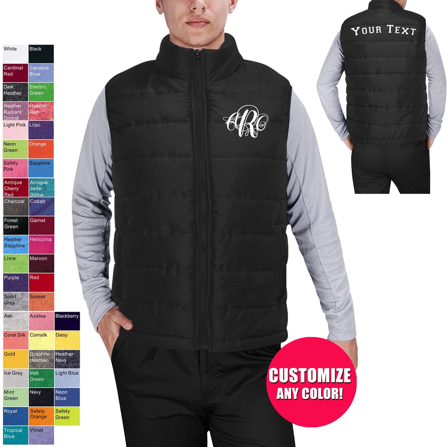 Custom Monogram Padded Vest Jacket - Available In All Colors