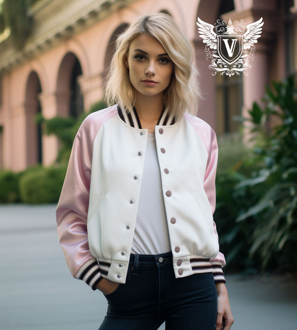 light pink and white varsity jacket