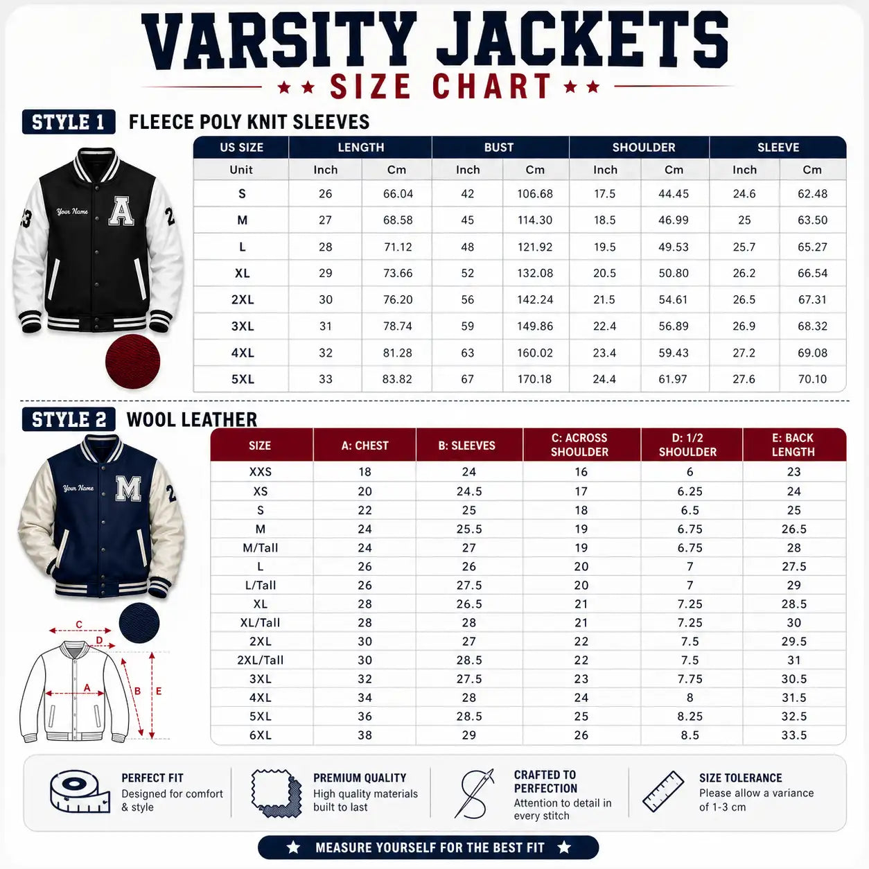 Varsity jackets size chart with measurements for different styles.