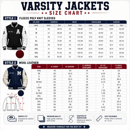 Varsity jackets size chart with measurements for different styles.